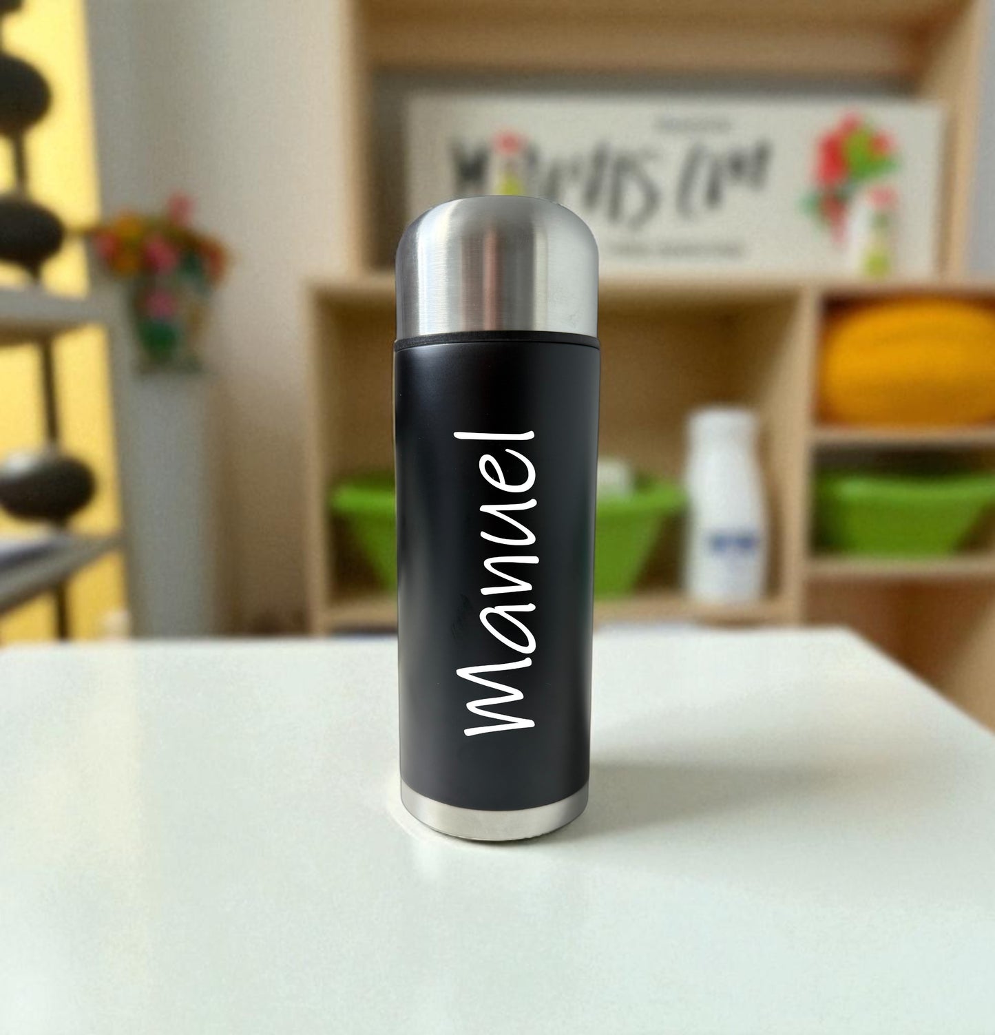 Thermosflasche Edelstahl Schwarz mit Laser Gravur