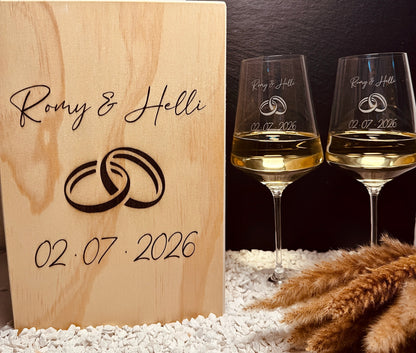 Personalisierte Weißweingläser elegantes Design, mit Holzkiste