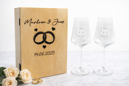 Personalisierte Weißweingläser elegantes Design, mit Holzkiste