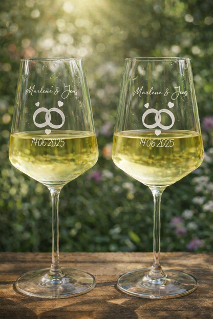 Personalisierte Weißweingläser elegantes Design, mit Holzkiste