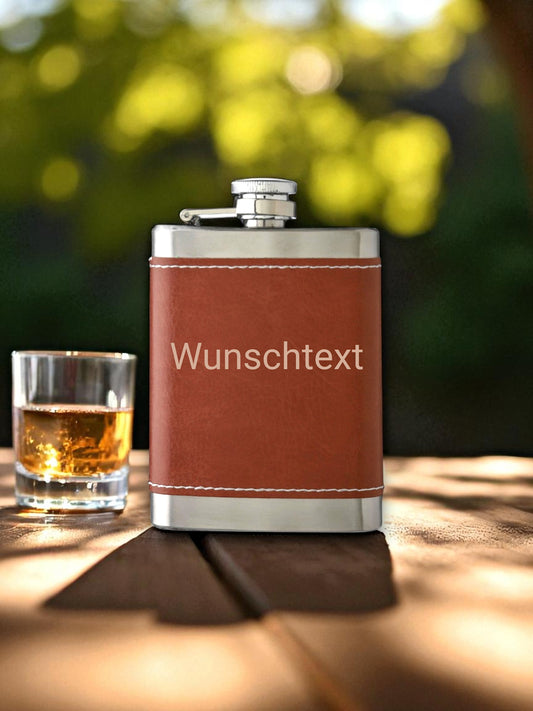 Personalisierter Edelstahl-Flachmann Lederbezug mit Laser Gravur